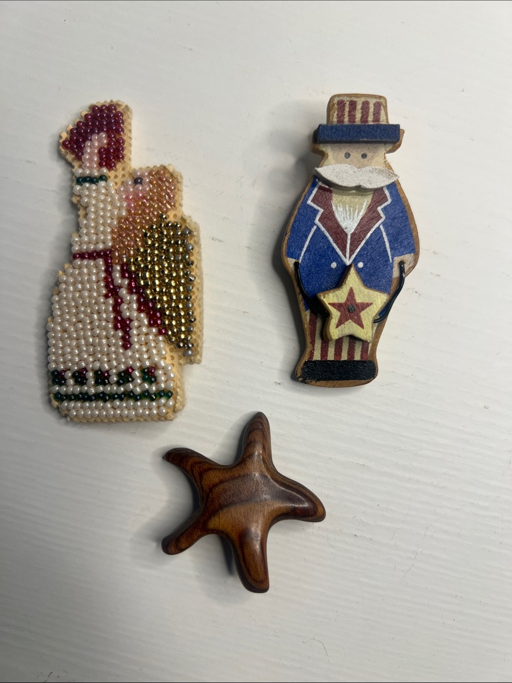 Vintage Patriotic Wooden Uncle Sam Pin & Beaded Angel Brooch Set